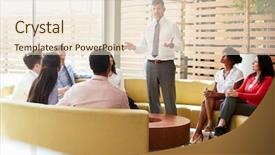  Presentation with lounge - Theme enhanced with liderazgo - male manager addressing colleagues background and a lemonade colored foreground