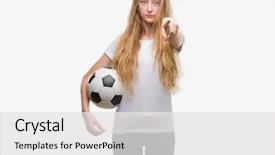 Presentation with soccer - Slide deck featuring liders blue - blonde teenager woman holding soccer background and a white colored foreground