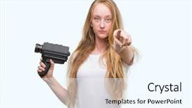  Presentation with video - Audience pleasing theme consisting of liders blue - blonde woman teenager filming holding backdrop and a cool aqua colored foreground