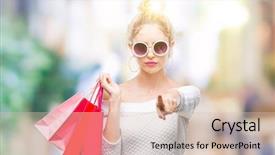  Presentation with blonde holds a magnifying glass - Beautiful presentation theme featuring liders blue - young beautiful blonde woman holding backdrop and a  colored foreground