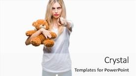  Presentation with teddy bear - Audience pleasing theme consisting of liders blue - young beautiful blonde woman holding backdrop and a white colored foreground