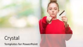 Presentation with credit card - Audience pleasing PPT layouts consisting of liders blue - young blonde woman holding credit backdrop and a  colored foreground