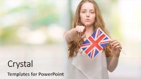  Presentation with blonde holding magnifying glass - Theme consisting of liders blue - young blonde woman holding flag background and a lemonade colored foreground