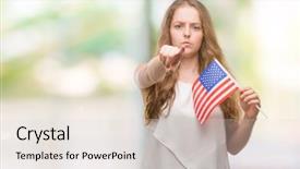  Presentation with usa flag - Slide deck consisting of liders blue - young blonde woman holding flag background and a  colored foreground