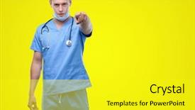  Presentation with doctor stetoscope and dark - PPT layouts having liders blue - young handsome blond doctor pointing background and a yellow colored foreground