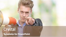  Presentation with finger - Cool new presentation theme with liders blue - young handsome blond man holding backdrop and a coral colored foreground