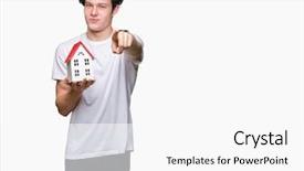  Presentation with house - PPT theme enhanced with liders blue - young man holding house background and a white colored foreground