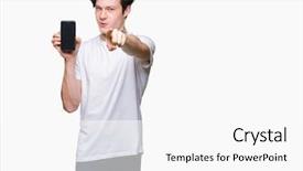  Presentation with smartphone - Presentation design having liders blue - young man showing smartphone screen background and a  colored foreground