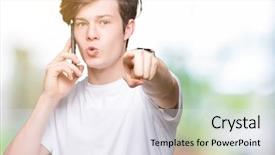  Presentation with young man on the phone - Audience pleasing PPT theme consisting of liders blue - young man talking on smartphone backdrop and a  colored foreground