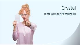  Presentation with blank album frames - PPT layouts enhanced with liders blue - young redhead woman holding blank background and a  colored foreground