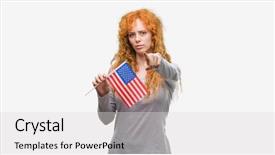  Presentation with america flag - Colorful slide deck enhanced with liders blue - young redhead woman holding flag backdrop and a light gray colored foreground