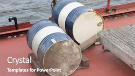  Presentation with barrels - Slide deck with lids transportation - large metal barrels for oil background and a coral colored foreground