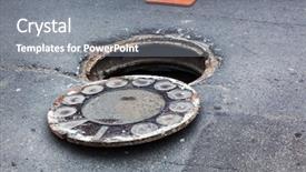  Presentation with repair - Slide set with lids transportation - open old manhole and repair background and a gray colored foreground