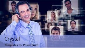  Presentation with city buildings - Colorful presentation theme enhanced with life animation - smiling businessman using headset backdrop and a light blue colored foreground