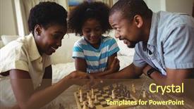  Presentation with living room family - Beautiful presentation theme featuring life board game - family playing chess together backdrop and a tawny brown colored foreground
