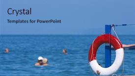 Presentation with sea rescue - Presentation theme having life buoy - white-red rescue circle of ship background and a teal colored foreground