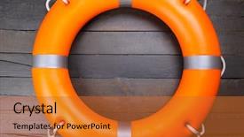  Presentation with orange life buoy splash water - Theme enhanced with life buoy on wooden wall background and a gold colored foreground
