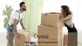  Presentation with boxes - Amazing PPT theme having life complications - young couple unpacking boxes backdrop and a  colored foreground