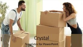  Presentation with young athletes box jumping - Colorful presentation theme enhanced with life complications - young couple unpacking boxes backdrop and a  colored foreground