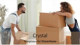  Presentation with boxes - Slide deck enhanced with life complications - young couple unpacking boxes background and a  colored foreground