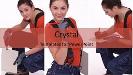  Presentation with trousers - Slide deck having life estimation - young craftswoman wearing blue trousers background and a  colored foreground