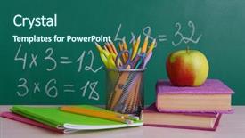  Presentation with example - PPT theme featuring life example - school supplies on table background and a ocean colored foreground