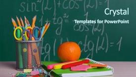  Presentation with example - Colorful presentation theme enhanced with life example - school supplies on table backdrop and a  colored foreground