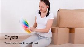  Presentation with room - Presentation design featuring life example - young happy woman sits background and a  colored foreground