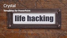  Presentation with hacking - PPT layouts having life hacking tag - file cabinet label bronze holder against grunge and scratched wood background and a tawny brown colored foreground