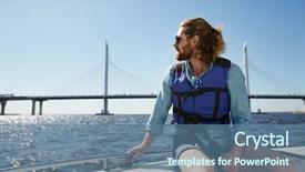  Presentation with railing - Cool new PPT theme with life jacket admiring waterscape backdrop and a ocean colored foreground