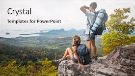  Presentation with backpacks - Colorful slide deck enhanced with life journey - tourists with backpacks relaxing backdrop and a white colored foreground