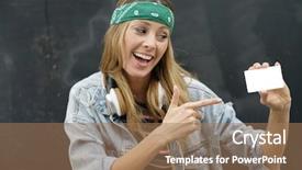  Presentation with black woman - PPT theme featuring life members - dynamic happy young woman pointing background and a  colored foreground