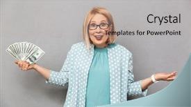  Presentation with aged - Amazing theme having life money - confused happy middle-aged blonde woman backdrop and a light gray colored foreground