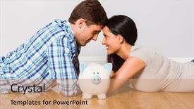  Presentation with piggy bank - Cool new slides with life money - young couple lying on floor backdrop and a coral colored foreground
