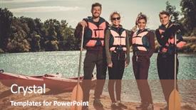  Presentation with teamwork fun - PPT layouts featuring life raft - cheerful friends having fun near background and a coral colored foreground