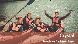  Presentation with selfie - Amazing PPT layouts having life raft - cheerful friends taking selfie backdrop and a red colored foreground