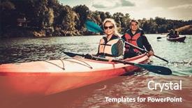  Presentation with group - Amazing PPT theme having life raft - group of happy people backdrop and a coral colored foreground