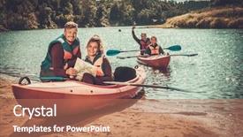  Presentation with diverse group of children reading - Slide deck having life raft - group of people on kayaks background and a coral colored foreground