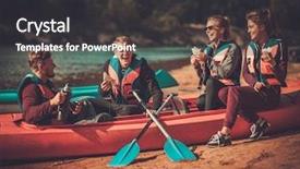  Presentation with snack time chip cracker crisps - Audience pleasing slide set consisting of life raft - kayakers having snack on their backdrop and a dark gray colored foreground