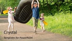  Presentation with rubber - Audience pleasing presentation theme consisting of life raft - three happy children carry backdrop and a coral colored foreground