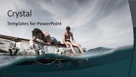  Presentation with sea rescue - Audience pleasing PPT layouts consisting of life raft - two men floating backdrop and a light gray colored foreground