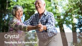  Presentation with happy life - Cool new theme with life satisfaction - happy senior woman dancing backdrop and a gray colored foreground