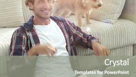  Presentation with living room - Beautiful slide set featuring life satisfaction - happy young man exults backdrop and a gray colored foreground