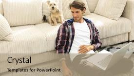  Presentation with living life - Cool new PPT layouts with life satisfaction - happy young man exults backdrop and a coral colored foreground