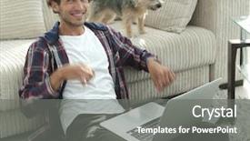  Presentation with living room - Beautiful theme featuring life satisfaction - happy young man exults backdrop and a gray colored foreground