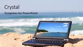  Presentation with laptop - Theme enhanced with life saver - laptop on beach background and a light blue colored foreground