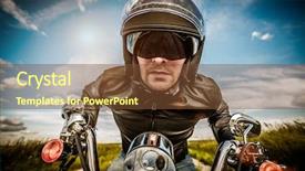  Presentation with road racing - Colorful presentation enhanced with portrait of beautiful middle aged woman touching her bare shoulders and smiling isolated on white backdrop and a lemonade colored foreground