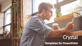  Presentation with cafe - Audience pleasing slide deck consisting of life style - man using a smartphone backdrop and a tawny brown colored foreground