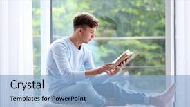 Presentation with reading - Beautiful presentation design featuring life style - young handsome man reading book backdrop and a  colored foreground