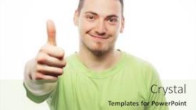  Presentation with happy life - PPT layouts with life style and people concept happy young man in green shirt showing thumbs up isolated on white background and a mint green colored foreground